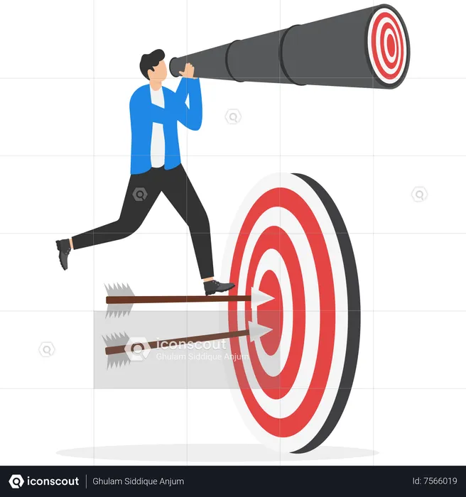 Businessman standing on archery target that was hitted at bullseye looking for new target  Illustration