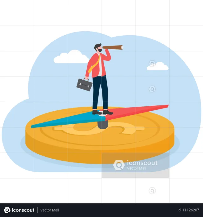 Businessman standing on business compass  Illustration