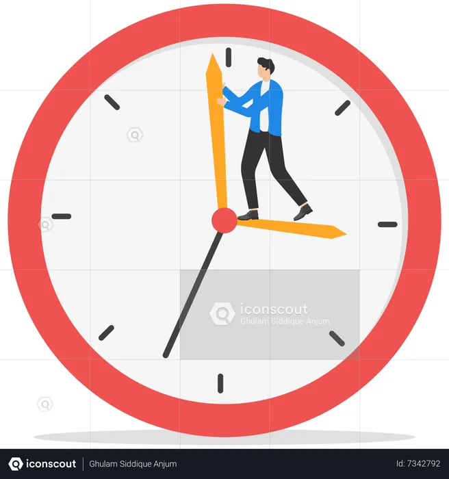 Businessman standing on clock hour hand manage to push back minute hand to turn back time  Illustration