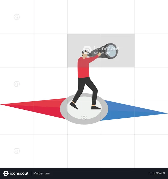 Businessman standing on compass with telescope  Illustration