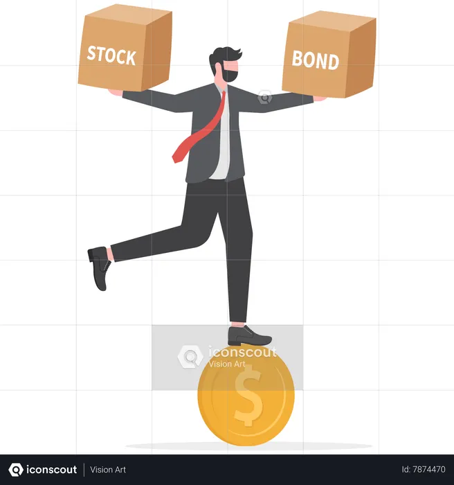 Businessman standing on dollar and balancing stock and bond  Illustration