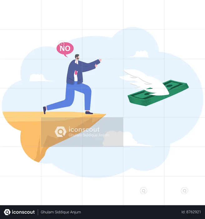 Businessman standing on edge of cliff and throw down money symbol  Illustration