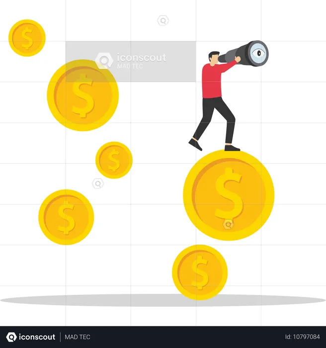 Businessman standing on flying dollar coins with binocular  Illustration