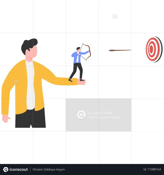 Businessman standing on hand of giants shooting bulls-eye  Illustration