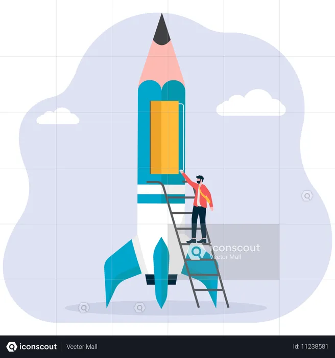 Businessman standing on ladder while showing rocket  Illustration