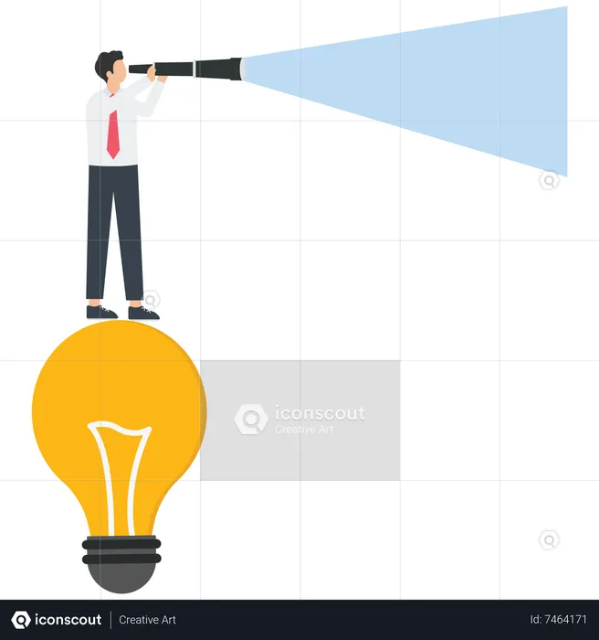 Businessman standing on light bulb looking for ideas  Illustration