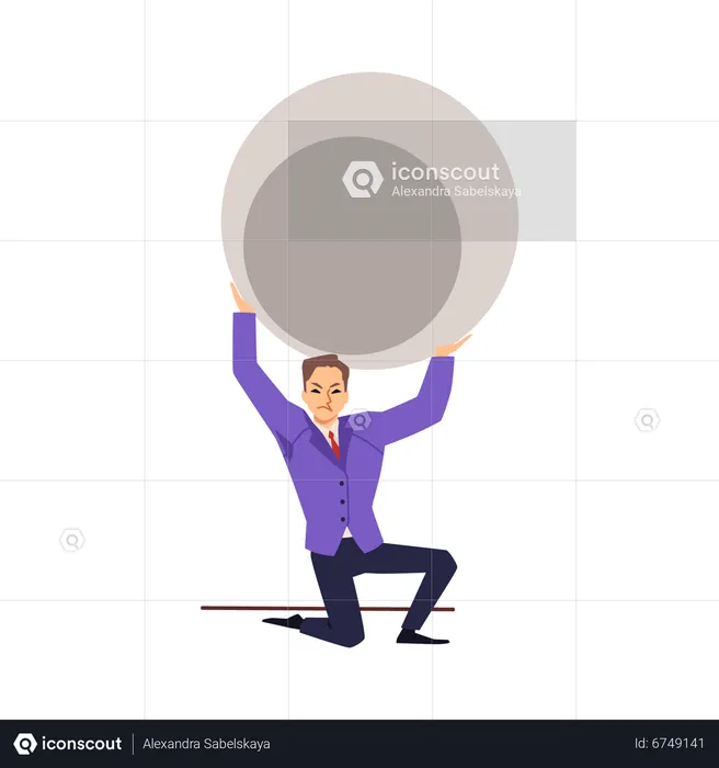 Businessman standing on one knee while holding huge stone  Illustration