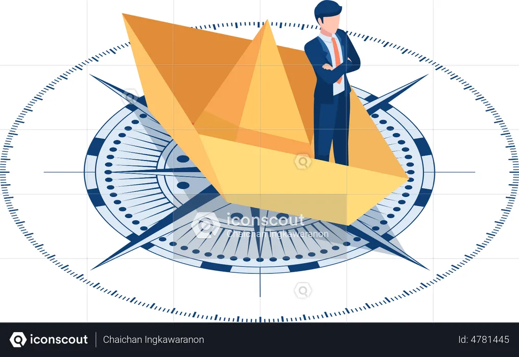 Businessman Standing on Paper Boat Over The Compass  Illustration
