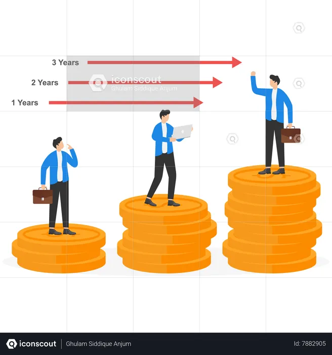 Businessman standing on pile of coins their wealth based on length of work in office  Illustration