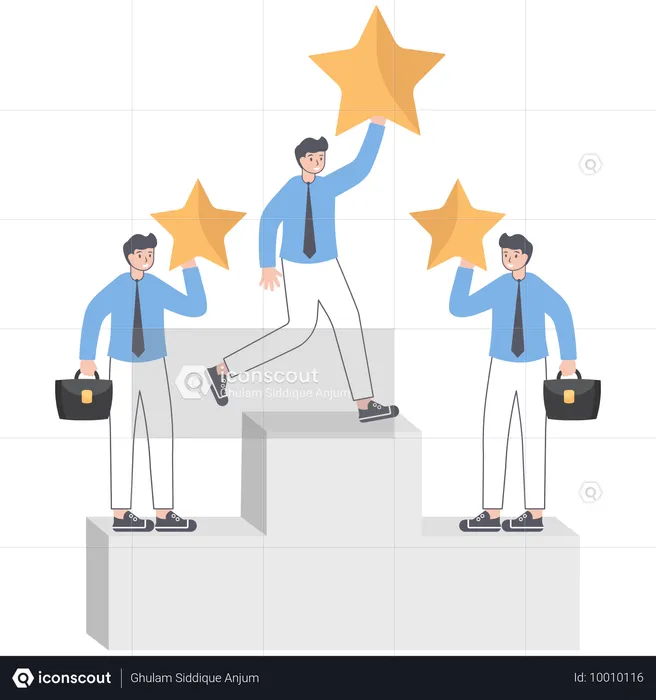 Businessman standing on podium while holding stars  Illustration