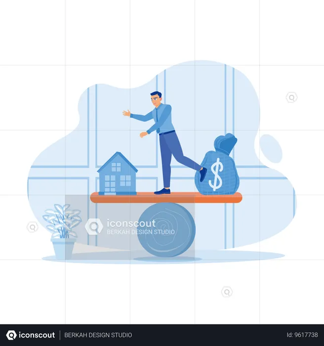 Businessman Standing On Seesaw Inside House  Illustration