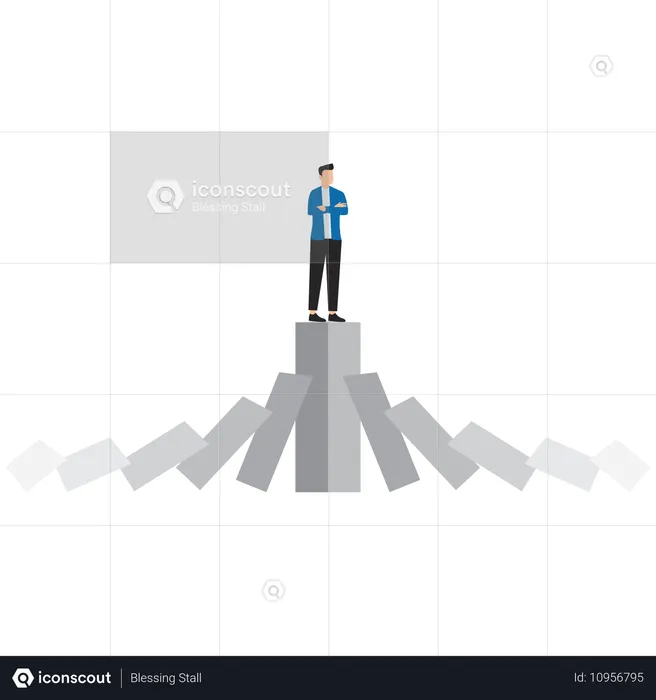 Businessman standing on strong bar graph unaffected by domino effect  Illustration