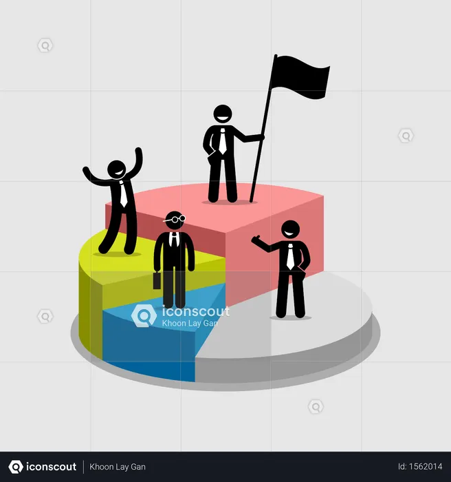 Businessman standing on top of each portion of a pie chart  Illustration