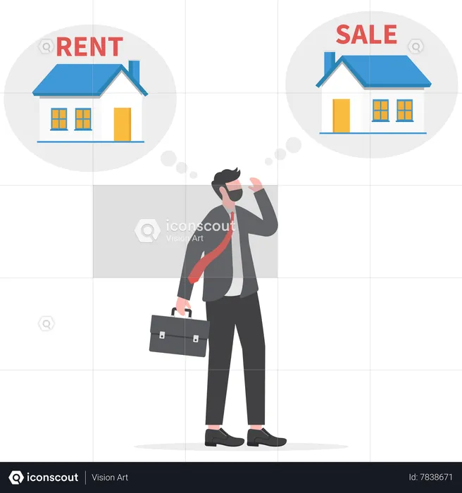 Businessman standing thinking trying to choose between renting and buying new accommodation  Illustration