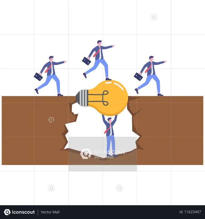 Businessman standing while holding bulb while team walking over bulb  Illustration