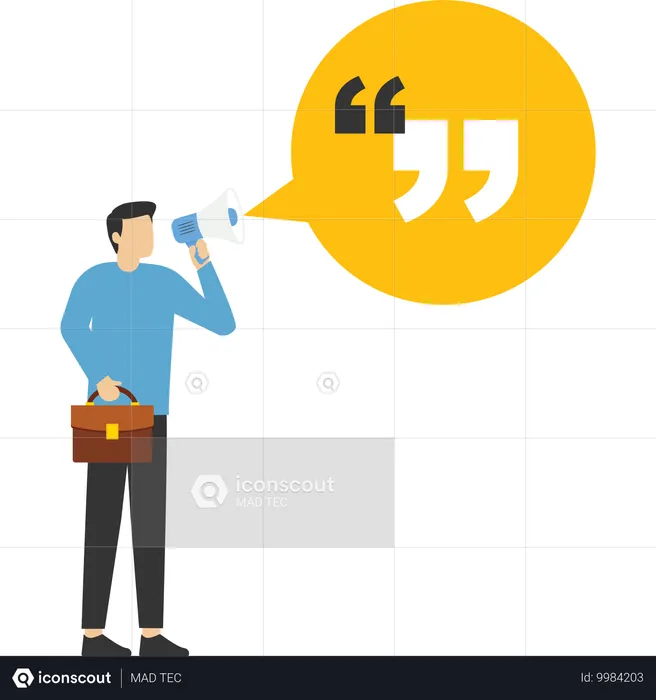 Businessman standing with quotation mark sign.  Illustration