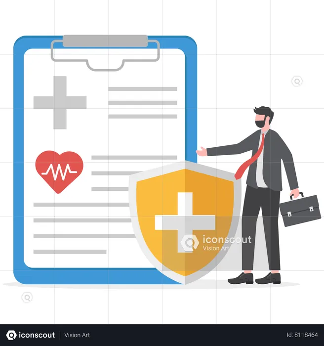 Businessman standing with shield for health care and protection  Illustration