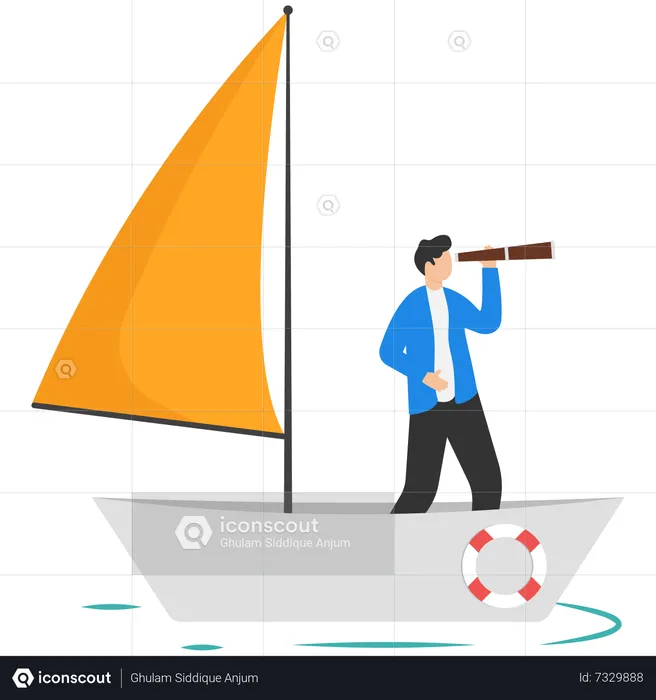 Businessman standing with telescope on sailboat  Illustration