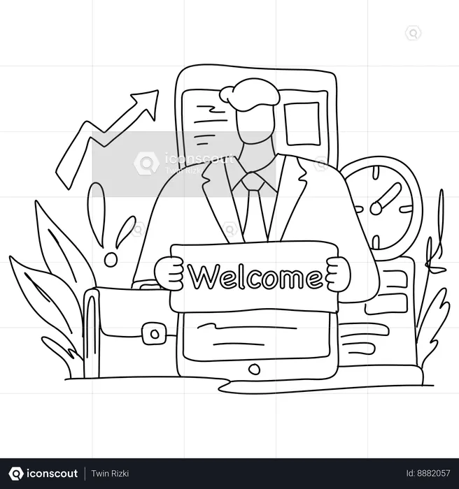 Businessman standing with welcome board  Illustration