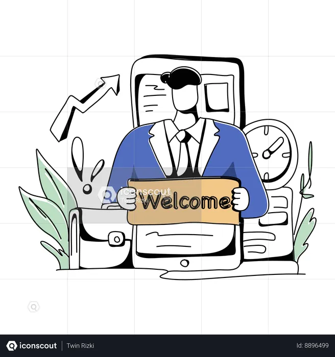 Businessman Standing With Welcome Board  Illustration