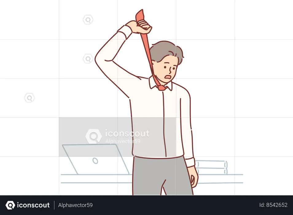 Businessman stands in office and wants to hang himself  Illustration