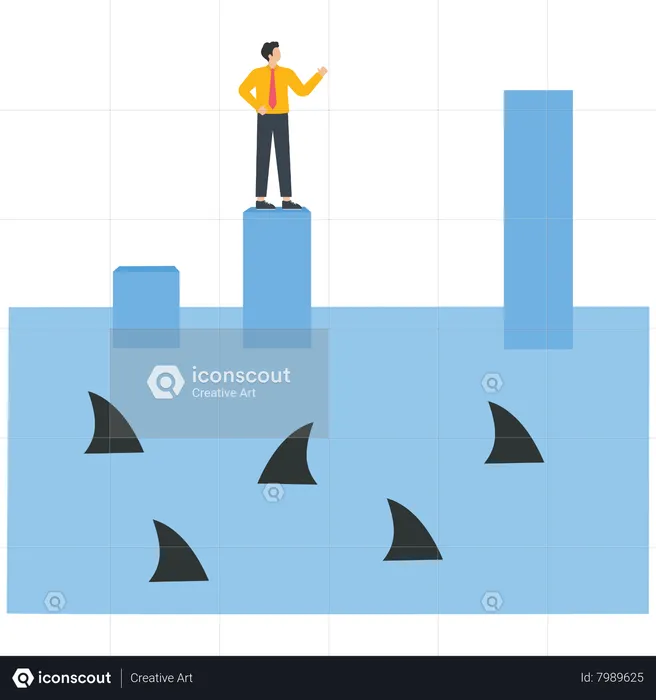 Businessman stands on a bar graph over the sea with a shark  Illustration