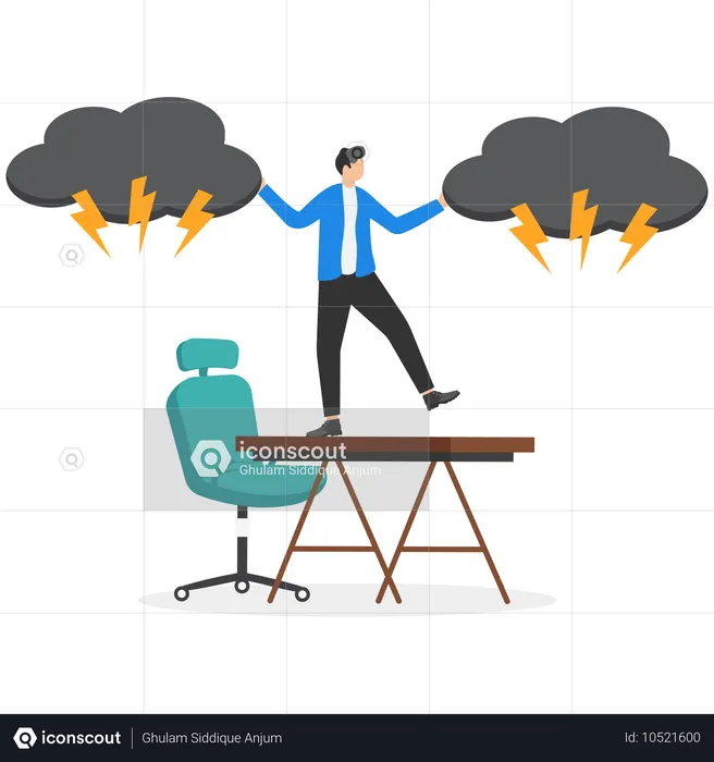 Businessman stands on a pile business place and disperses dark clouds with his hands  Illustration