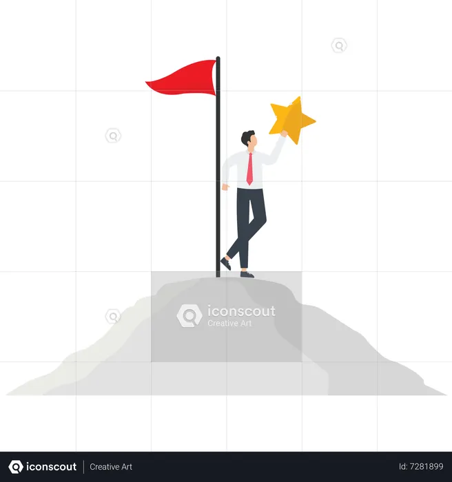 Businessman stands on top of mountain with star  Illustration