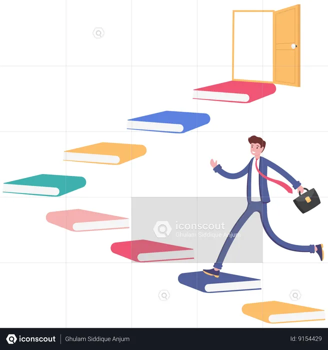 Businessman step on books stairs arrow up  Illustration