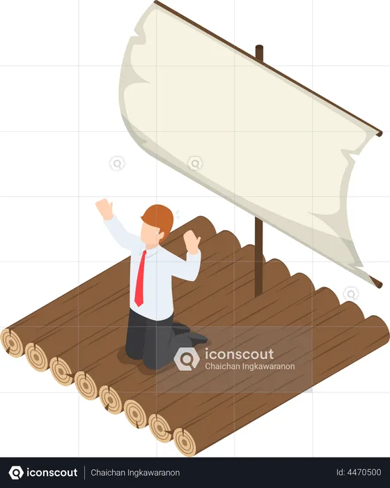 Businessman stranded on wooden raft  Illustration