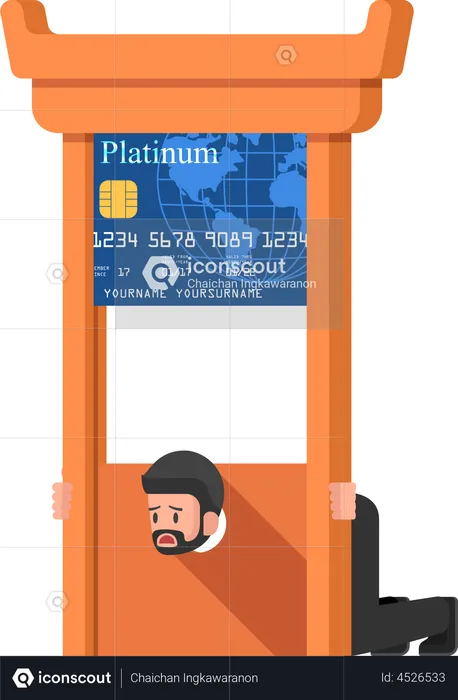 Businessman stuck in credit card debt guillotine  Illustration