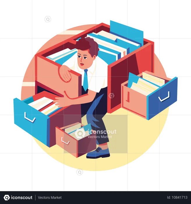 Businessman stuck in office file  Illustration