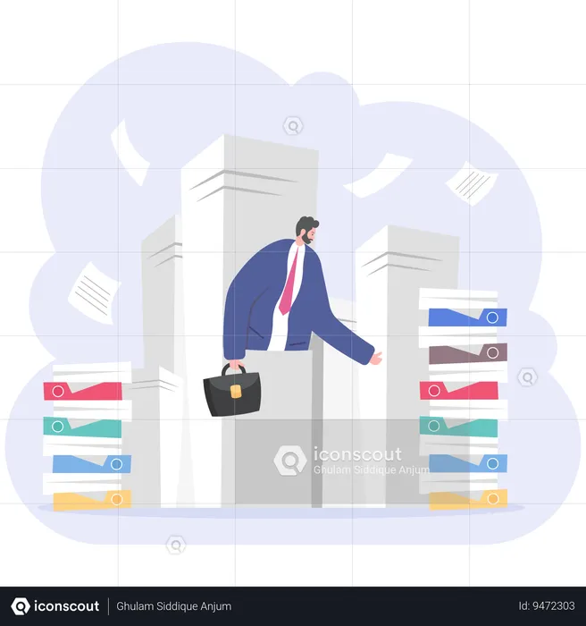 Businessman stuck in piles of papers  Illustration