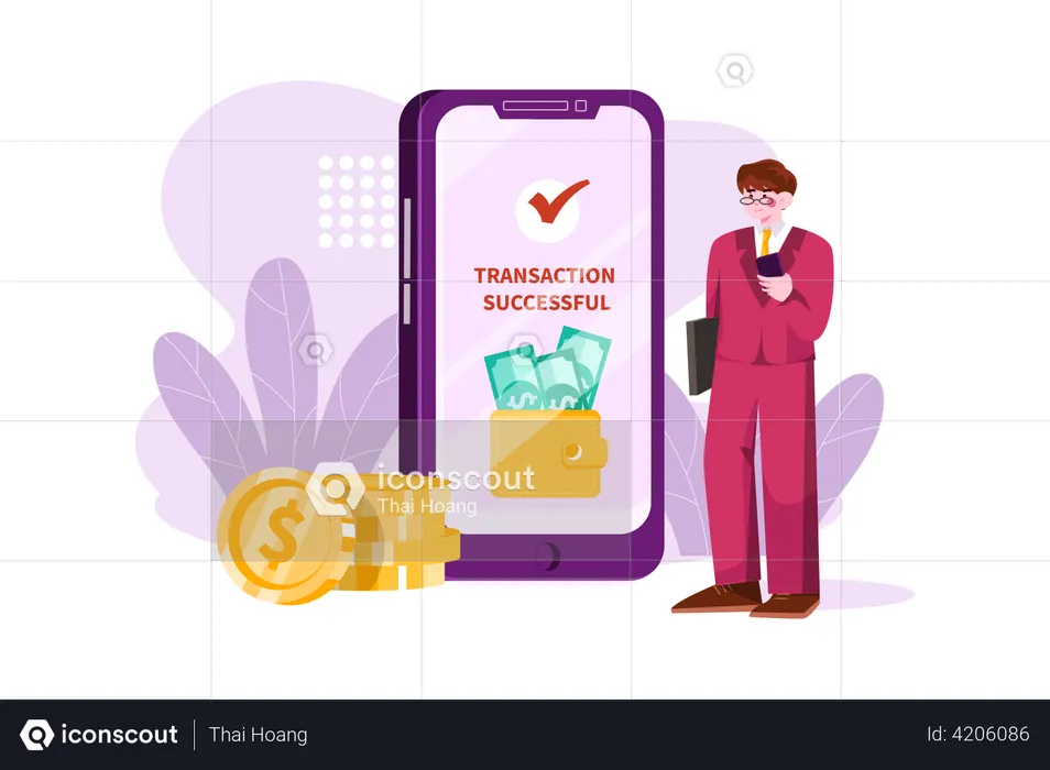 Businessman successfully transferred online money  Illustration