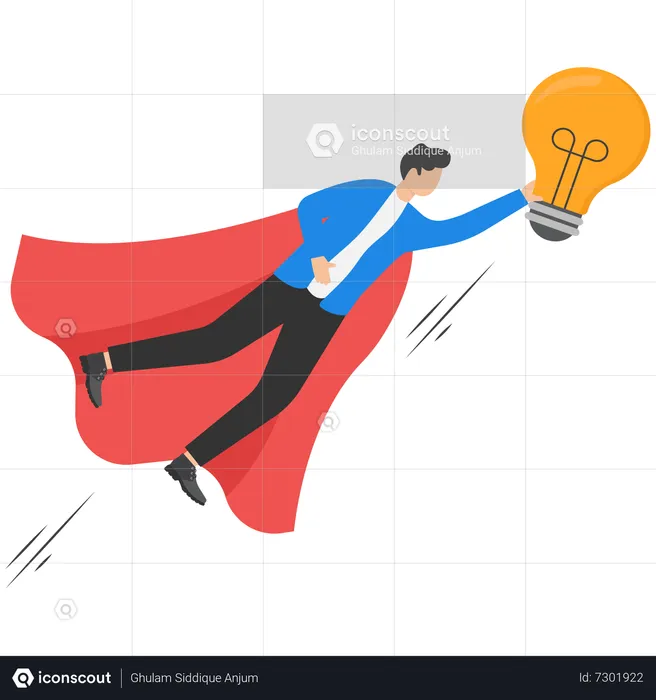 Businessman superhero flying while carrying big light bulb idea  Illustration