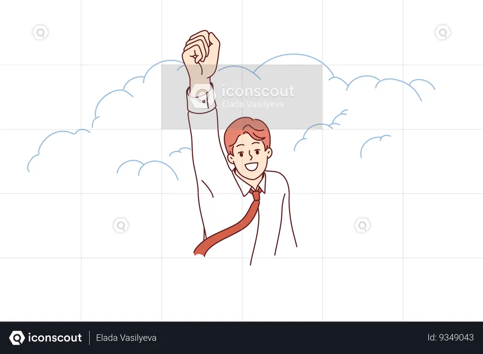 Businessman superhero takes off raising hand up demonstrating motivation for career growth  Illustration