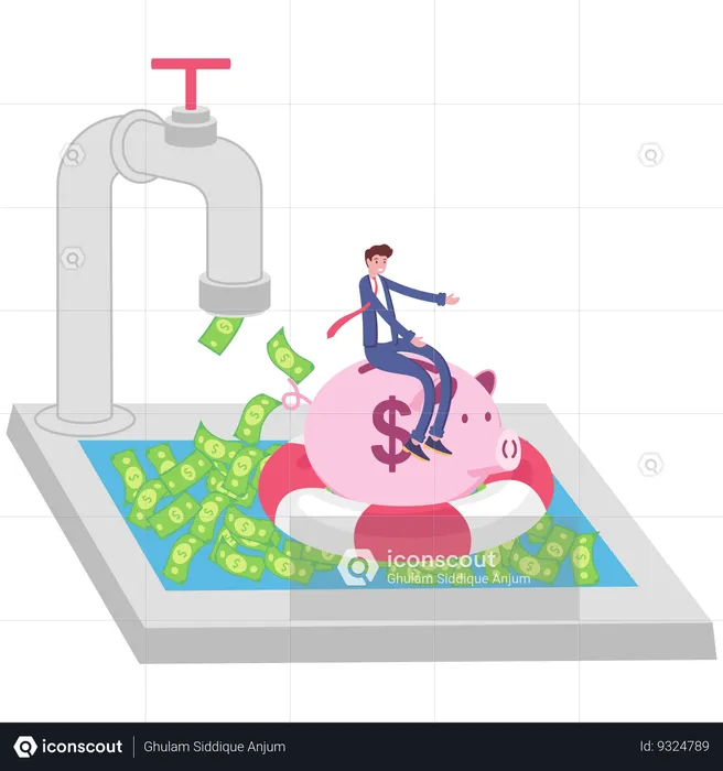 Businessman swimming in money flow  Illustration