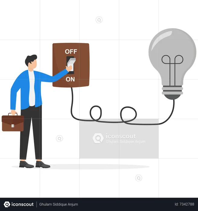 Businessman  switching on switch to turn on lightbulb lamp  Illustration