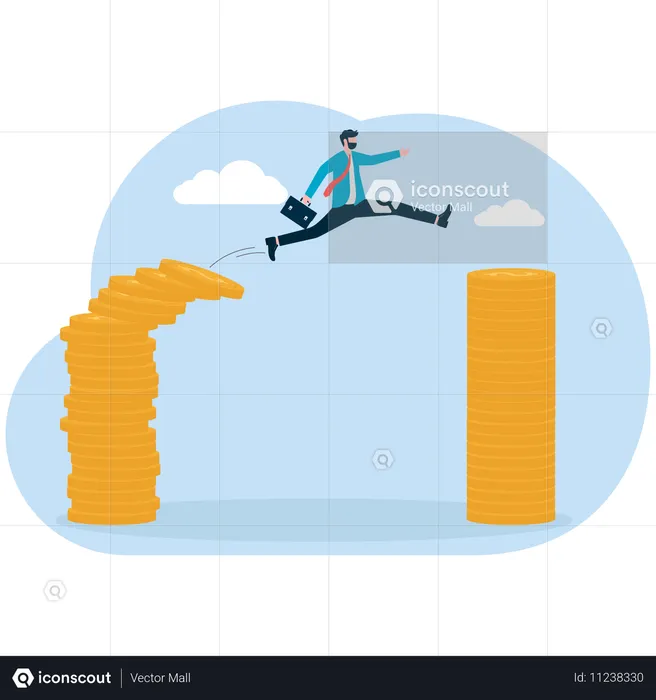 Businessman takes huge leap for money growth  Illustration