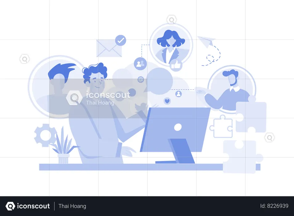Businessman talks to colleague about social marketing plan  Illustration