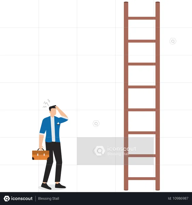 Businessman thinking about climbing stairs with steps that are too far apart  Illustration