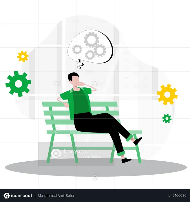 Businessman thinking about idea while sitting on park bench  Illustration