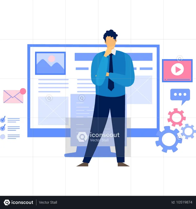 Businessman thinking about social media post  Illustration