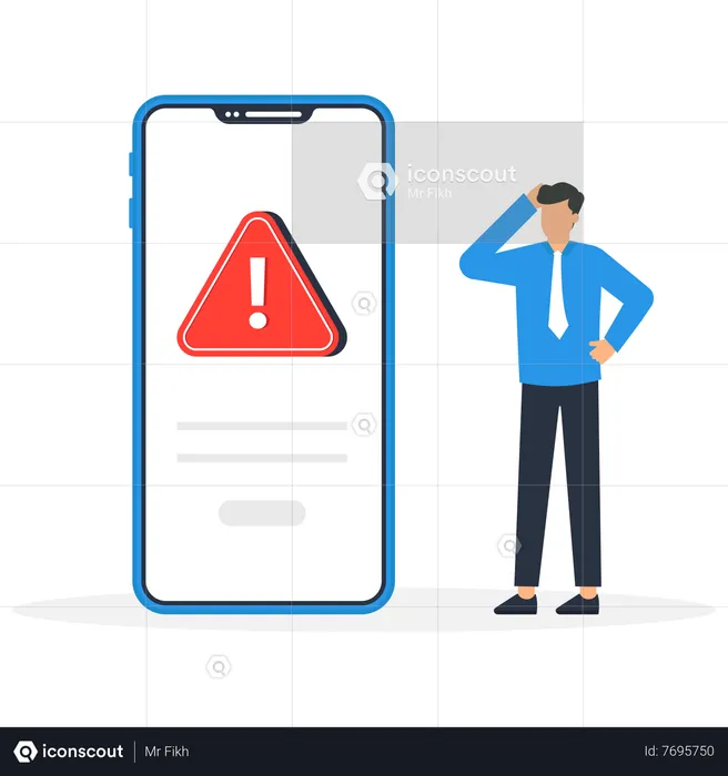 Businessman thinking about system error warnings on smartphone  Illustration