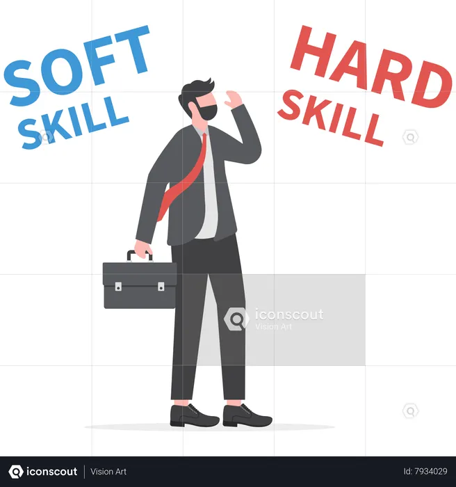 Businessman thinking between Hard and Soft Skills  Illustration