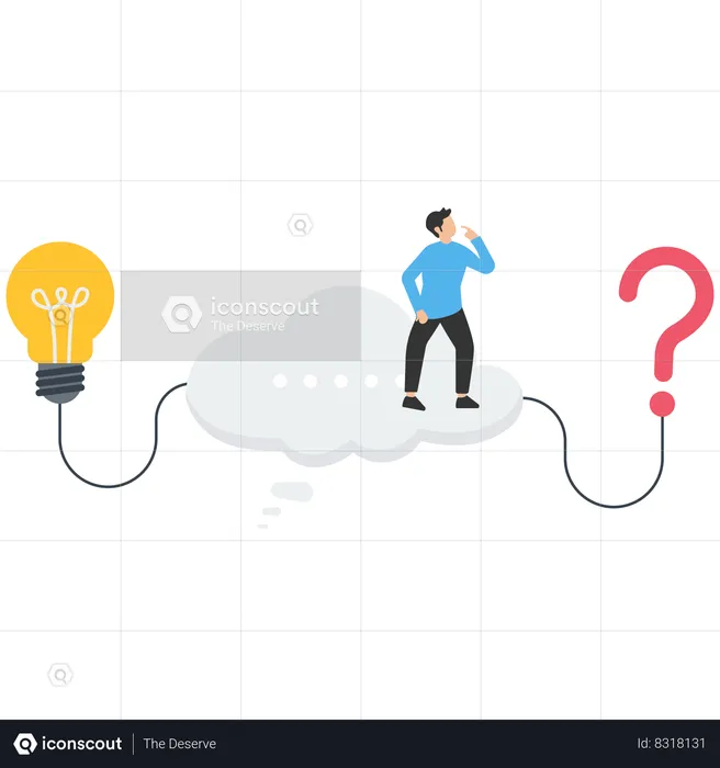 Businessman thinking bubble connect question mark to light bulb solution  Illustration