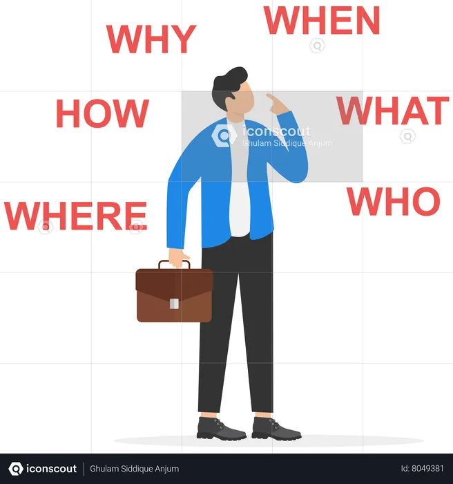 Businessman thinking of who what where when why and how  Illustration