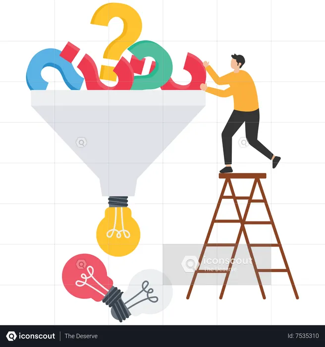 Businessman threw question mark in the funnel and generate creative ideas  Illustration