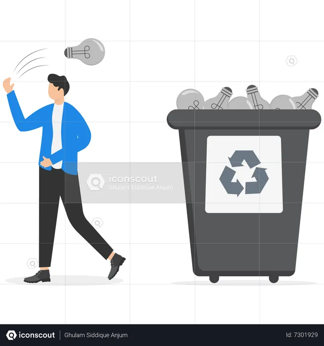 Businessman throw waste bulb in trash bin  Illustration
