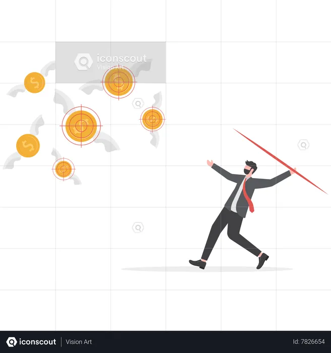 Businessman throwing a spear at flying money  Illustration